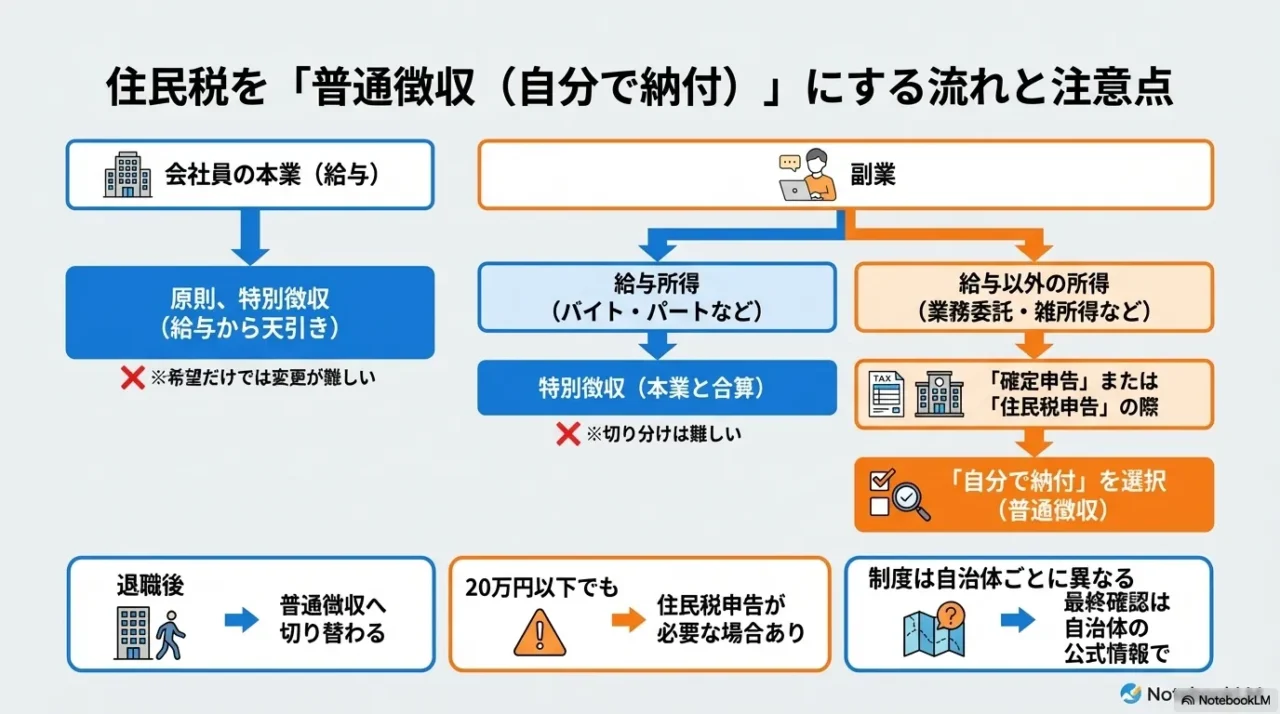 住民税を普通徴収にする流れと注意点をまとめた全体図