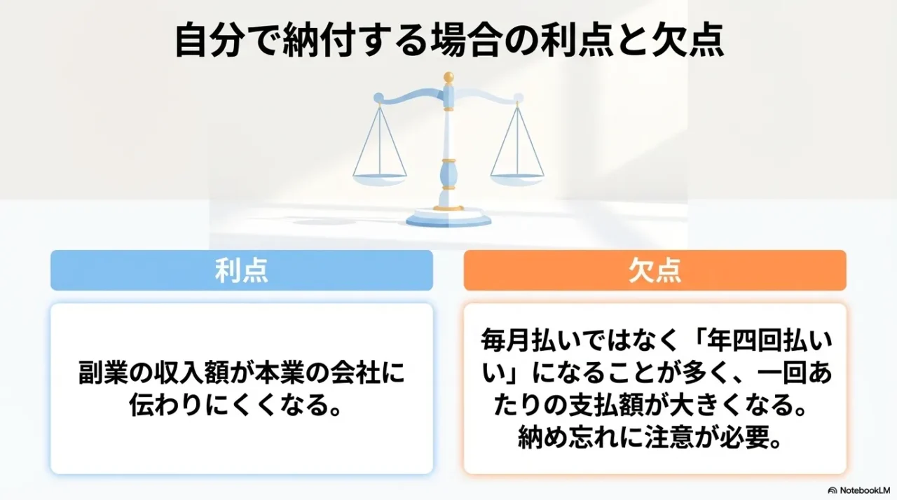普通徴収で自分で納付する場合のメリットとデメリットを整理した画像