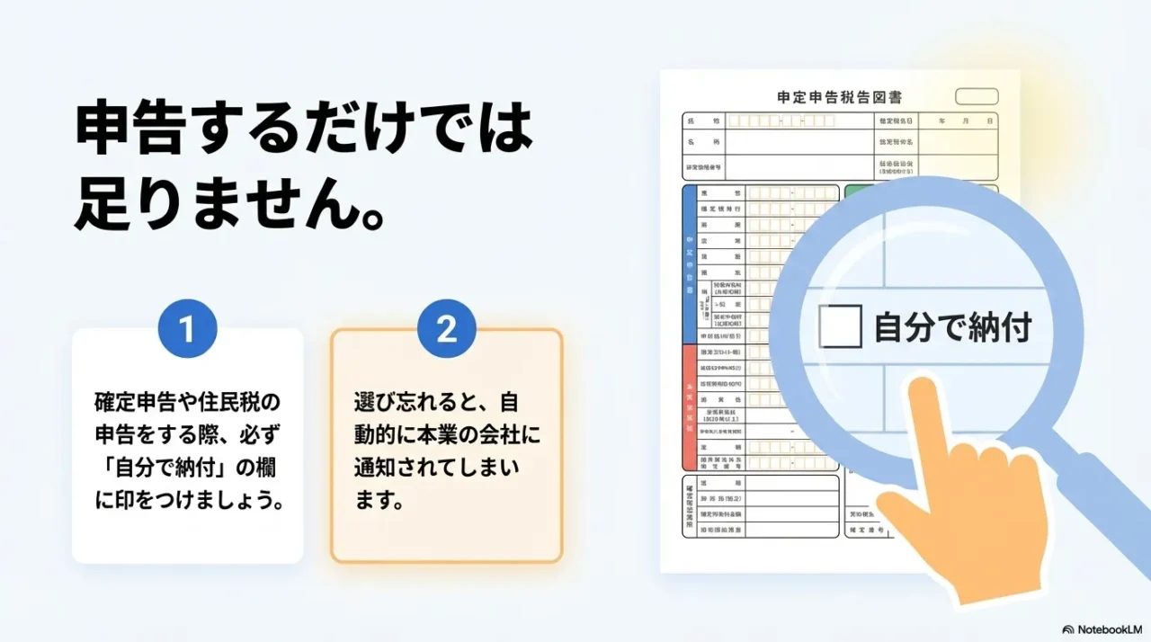 確定申告や住民税申告で自分で納付を選ぶ必要があることを示す画像