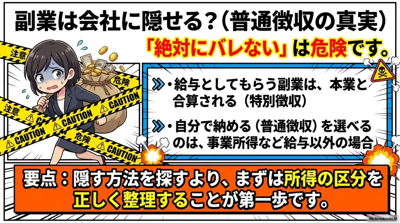 副業収入の住民税で普通徴収を選べる場合と、会社に知られにくくする話だけで判断すると危険なことを示した画像
