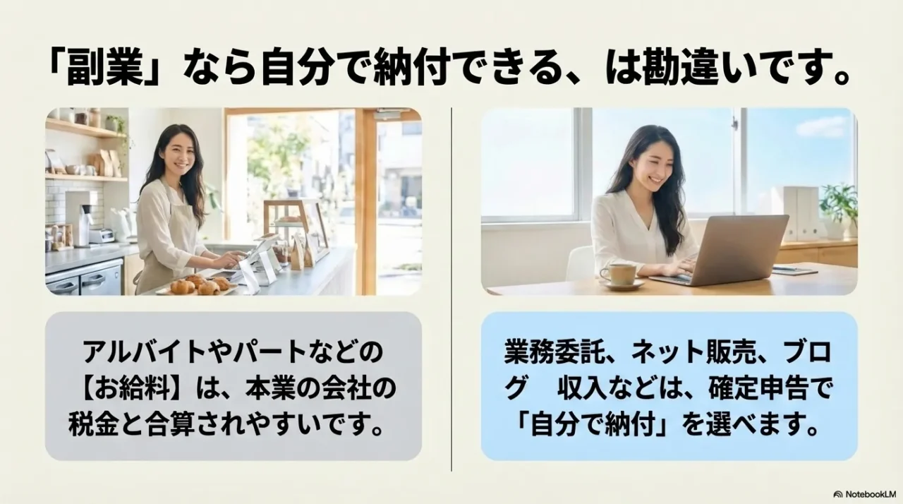 副業が給与か給与以外かで普通徴収の扱いが変わることを比較した画像