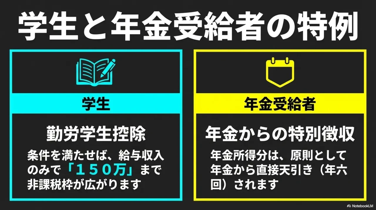 学生の勤労学生控除と年金受給者の特別徴収をまとめた画像