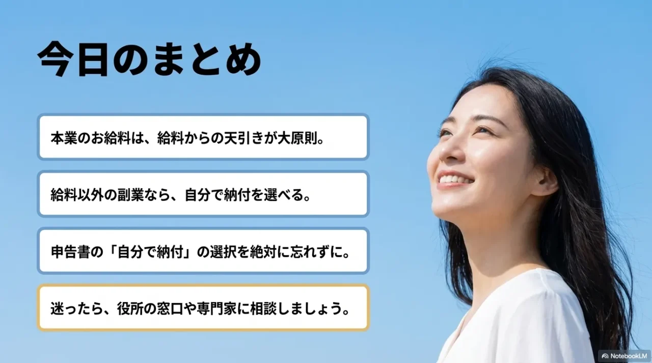 住民税を普通徴収にしたい人向けに、本業給与は特別徴収が原則で、給与以外の副業は自分で納付を選べることや、申告書の選択が重要だとまとめた要点画像
