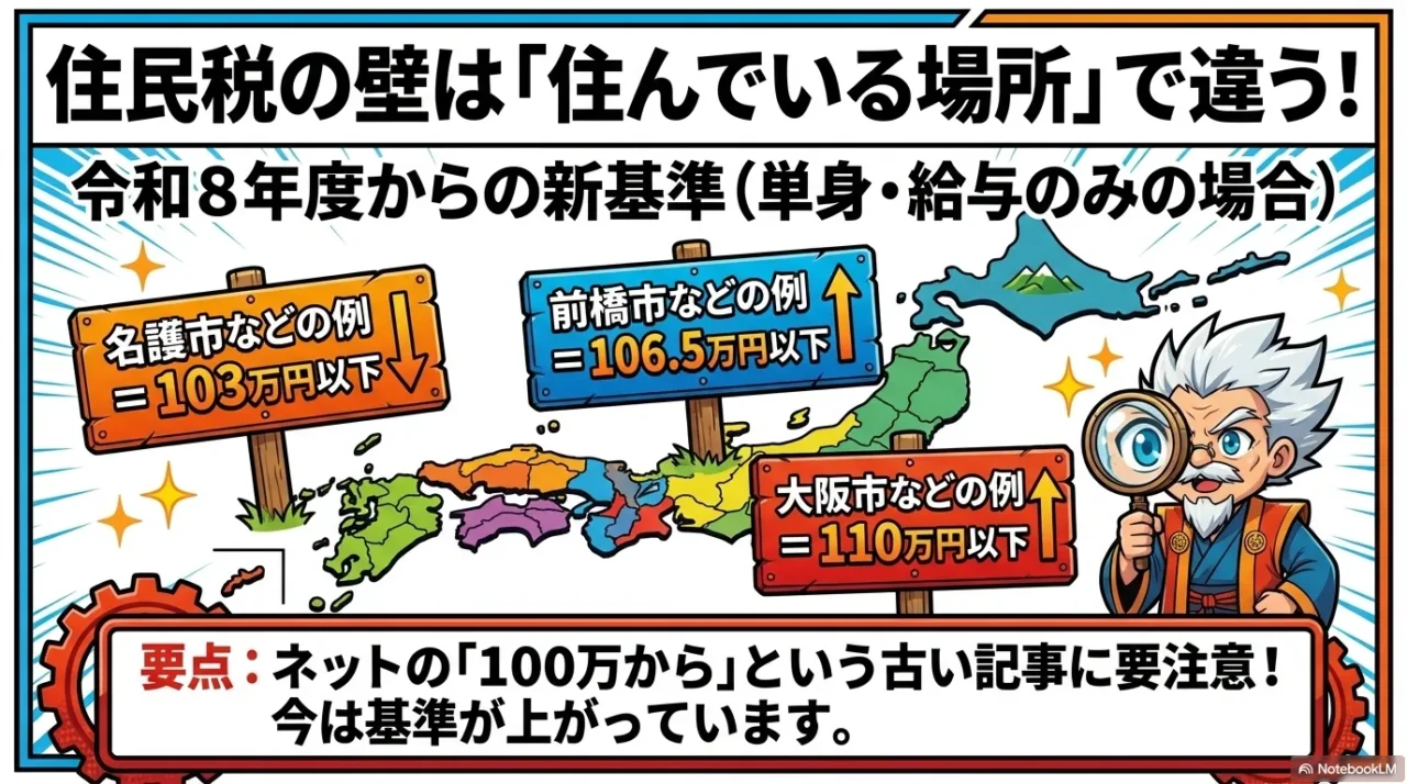 住民税の非課税ラインが103万円、106.5万円、110万円に分かれ、住んでいる自治体で異なることを示す画像