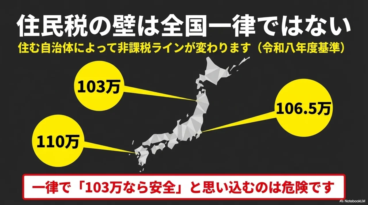 住民税の非課税ラインが自治体ごとに103万円と106.5万円と110万円に分かれる画像