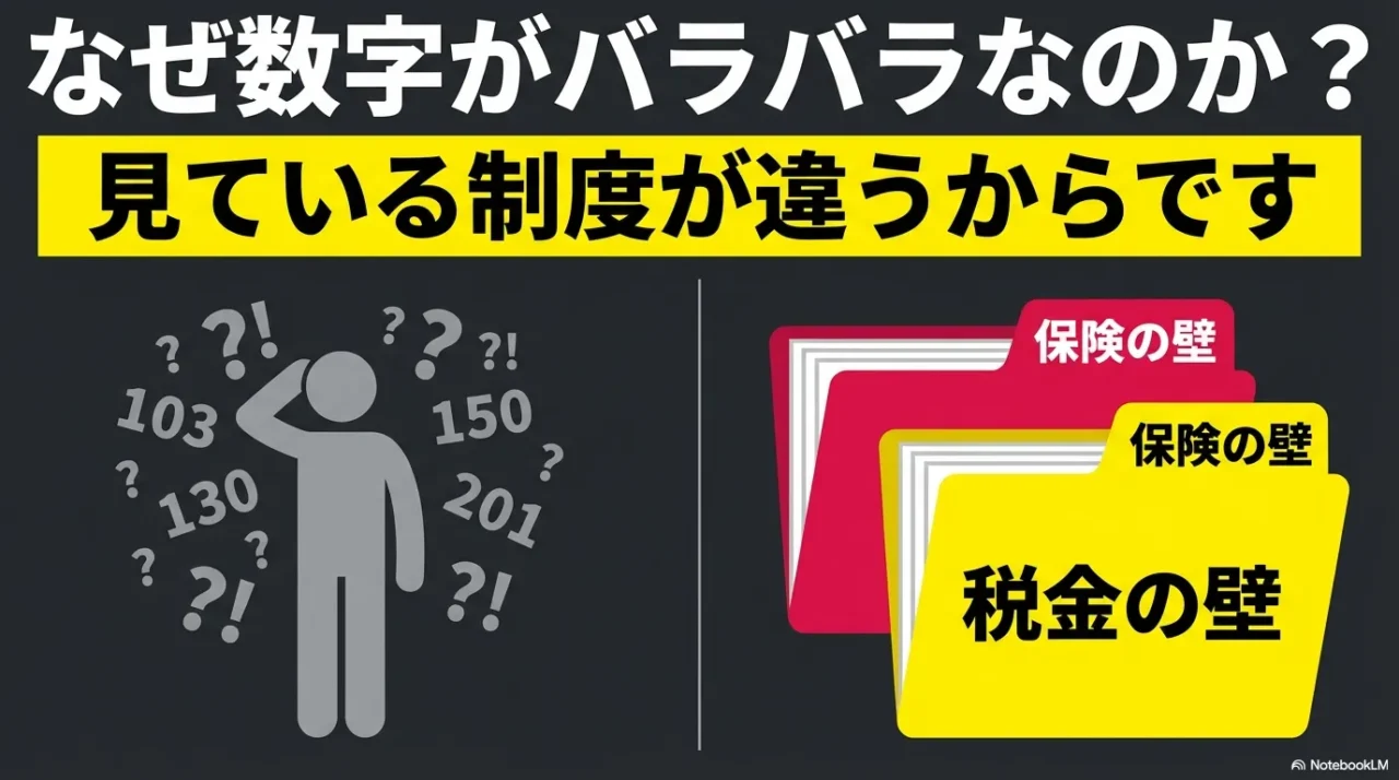 住民税や社会保険など制度の違いで数字がバラバラに見える理由を示した画像