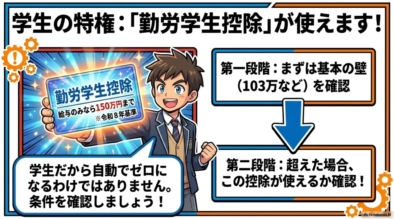 学生は勤労学生控除を使える可能性があり、基本の年収ラインを超えたときに条件確認が必要なことを示す画像