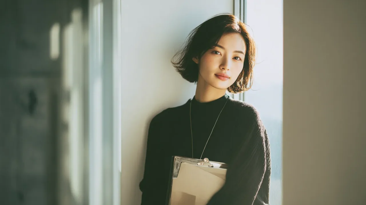 窓辺で書類を抱え、退職も視野に入れながら回復の選択を考える女性