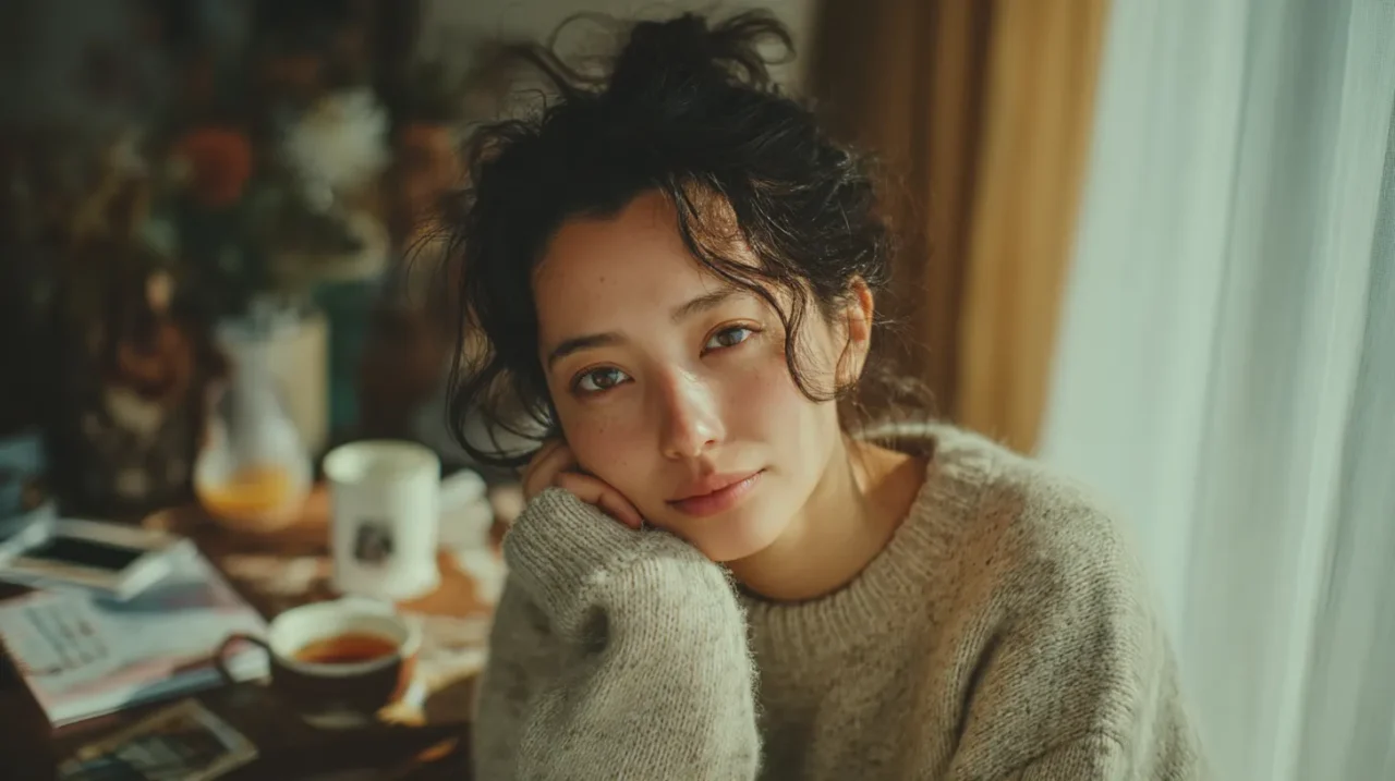 朝の柔らかな光が入る部屋で、カップの飲み物を前に頬杖をついて休む30代の美しい日本人女性。テーブルにスマホやメモが置かれている