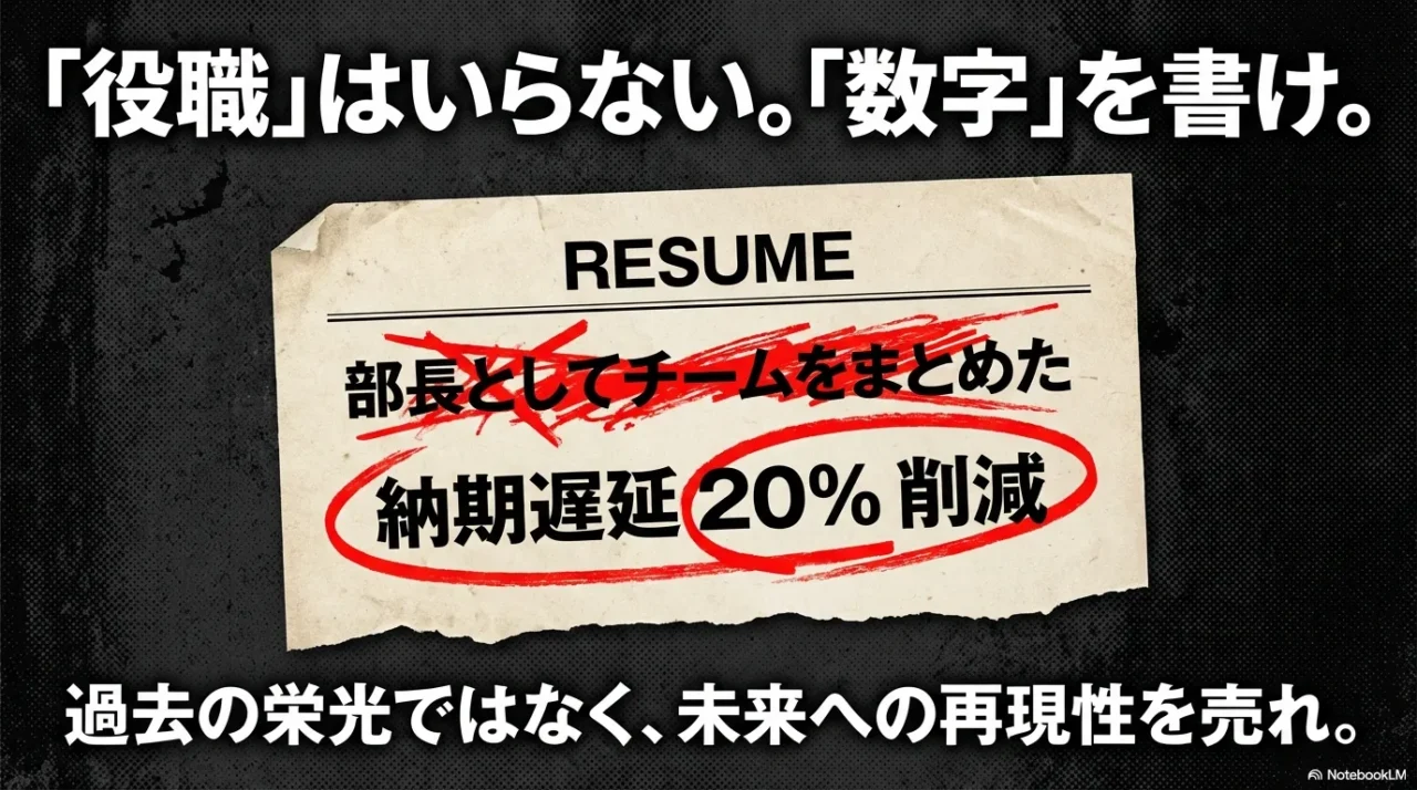「役職はいらない。数字を書け」と職務経歴書の要点を示す画像