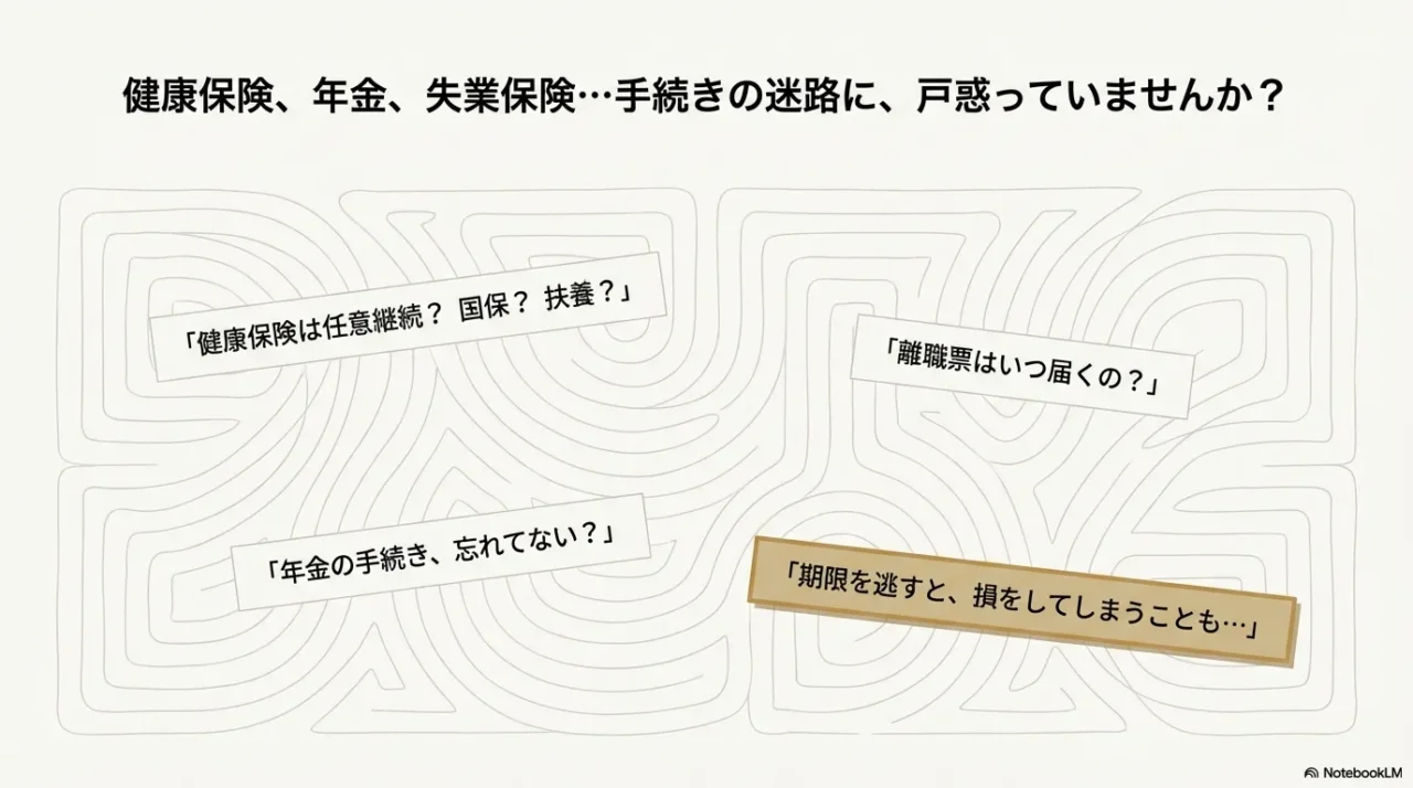 健康保険は任意継続か国保か、離職票はいつ届くかなど、退職後に多くの人が抱く手続きの悩み一覧。