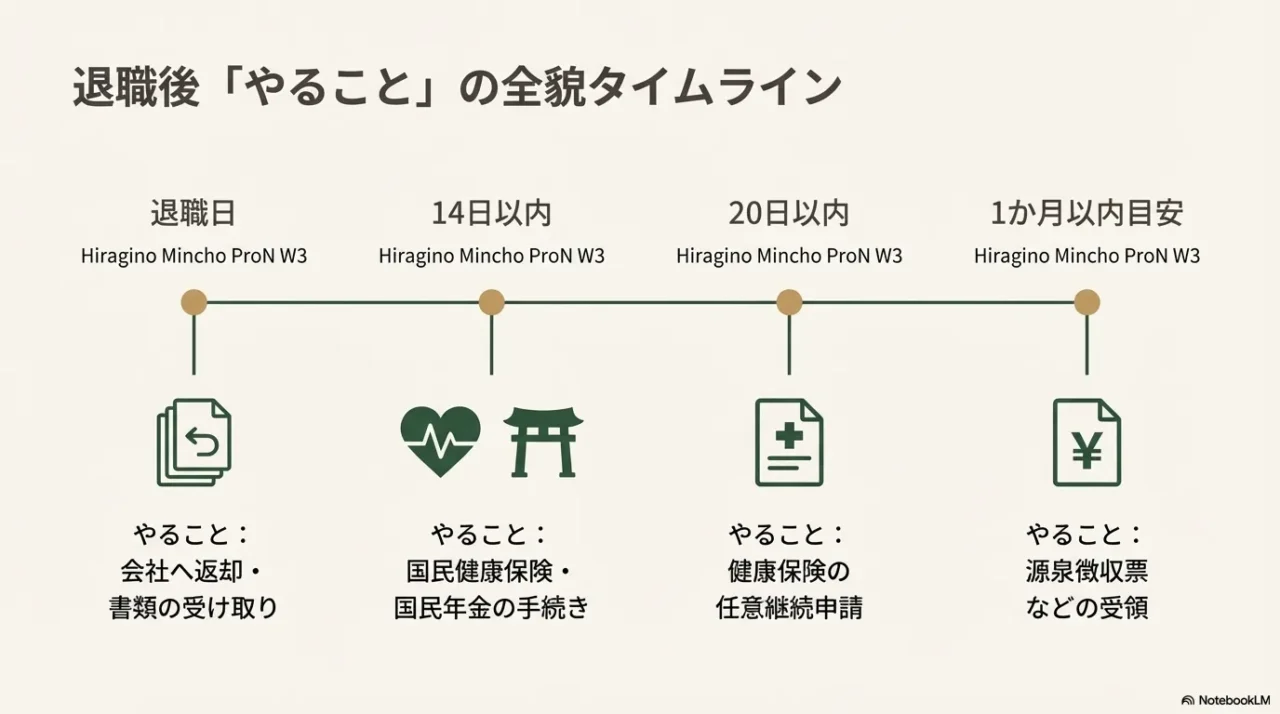 退職日から1か月以内に行うべき、会社への返却、健康保険・年金の手続き、源泉徴収票の受領などの時系列タイムライン。