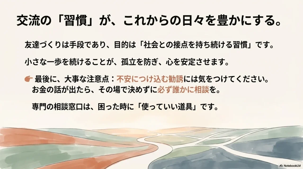 交流の習慣が日々を豊かにすることと、悪質な勧誘への注意を促すまとめスライド。