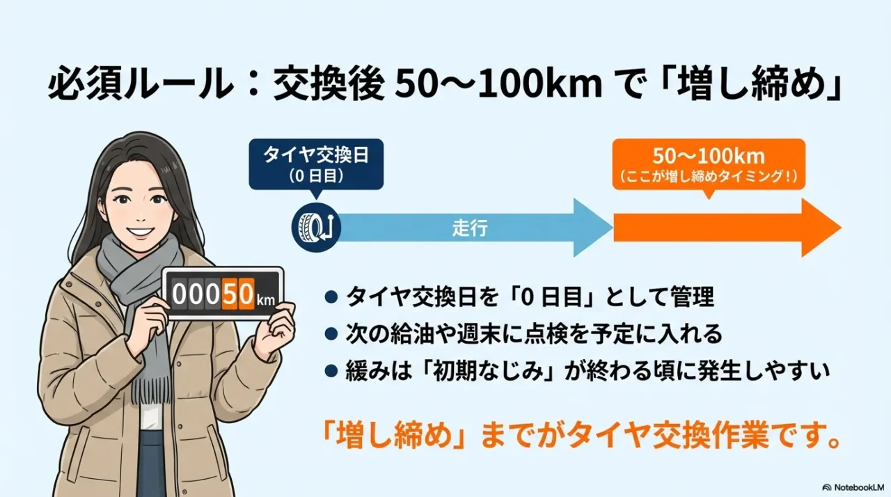交換後50〜100kmで増し締め確認する流れを示す画像