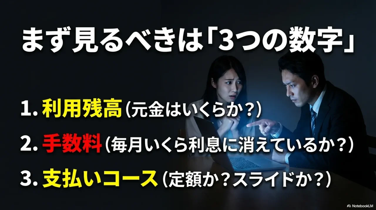 利用残高、手数料、支払いコースという、リボ払い明細でまず確認するべき3つの数字