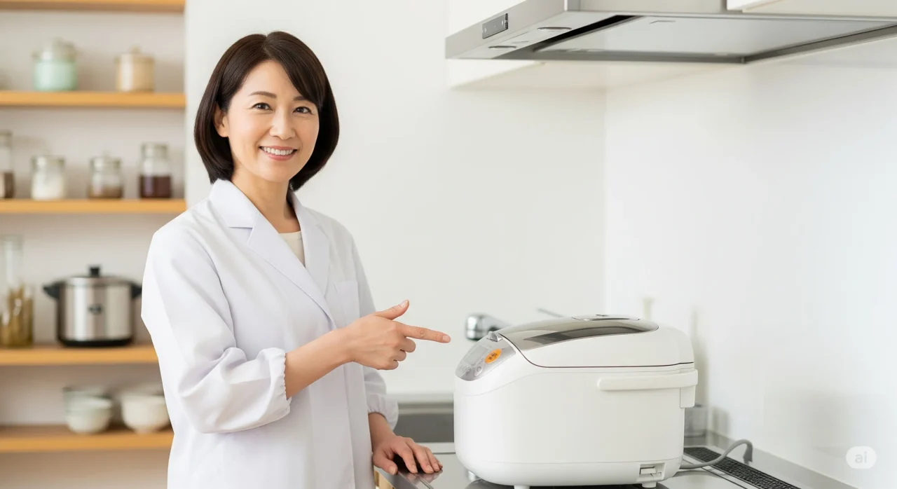 日本人のお米マイスターが炊飯器を指差しており、専門家のおすすめを表現している。