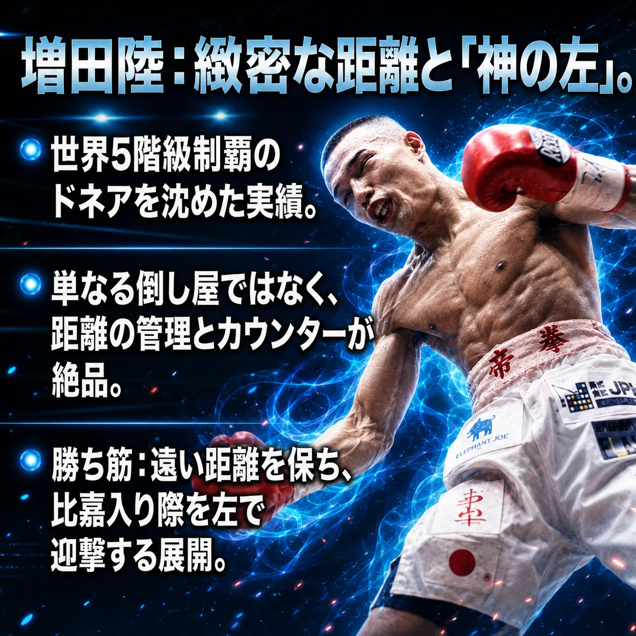 ボクサーが赤いグローブで右ストレートを放つ躍動的な画像。テキストで「増田陸:緻密な距離と神の左」と題し、世界5階級制覇のドネアを沈めた実績、距離管理とカウンターの巧みさ、遠い距離を保ち比嘉を左で迎撃する勝ち筋を解説。