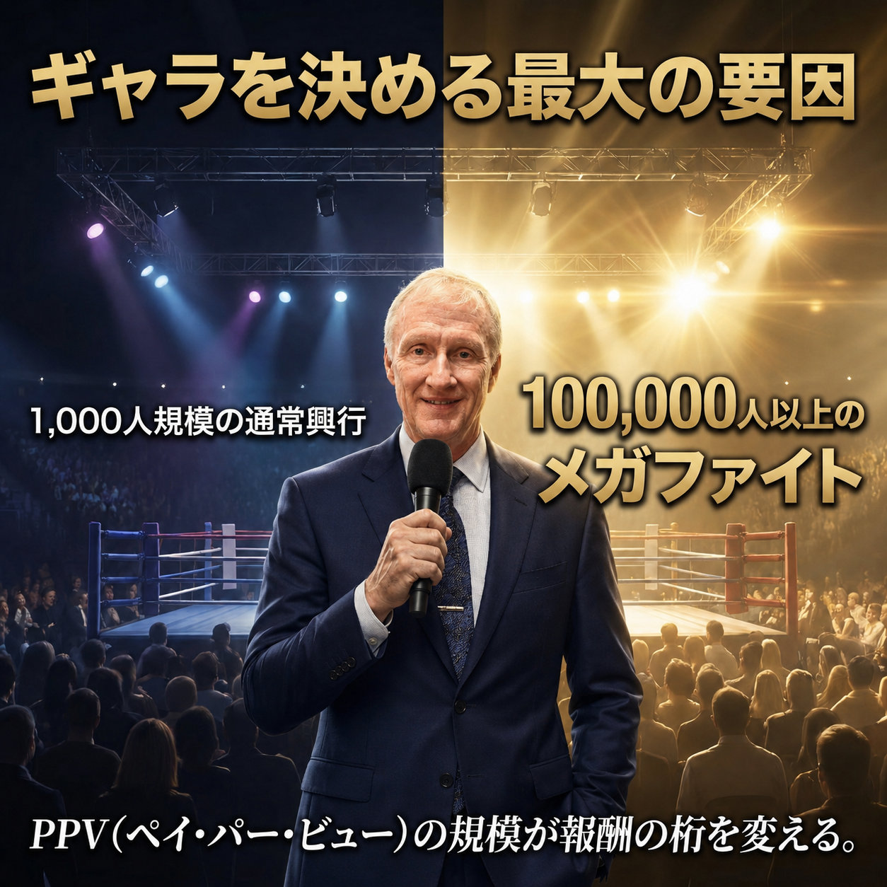 ギャラを決める最大の要因を示す図。左に1000人規模の通常興行、右に10万人以上のメガファイトを対比し、PPVの規模が報酬の桁を変えることを説明している。