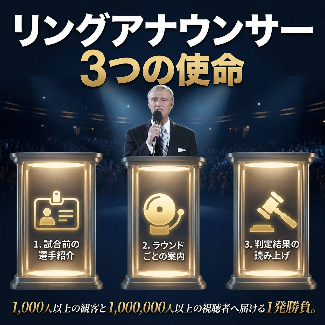 リングアナウンサーの3つの使命として、試合前の選手紹介、ラウンドごとの案内、判定結果の読み上げを3本の柱で並べた解説画像。中央にマイクを持つ男性が立っている。