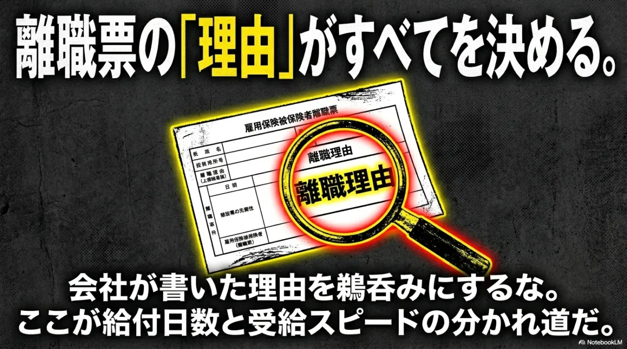 虫眼鏡で離職票を確認し「離職票の理由がすべてを決める」と示す画像