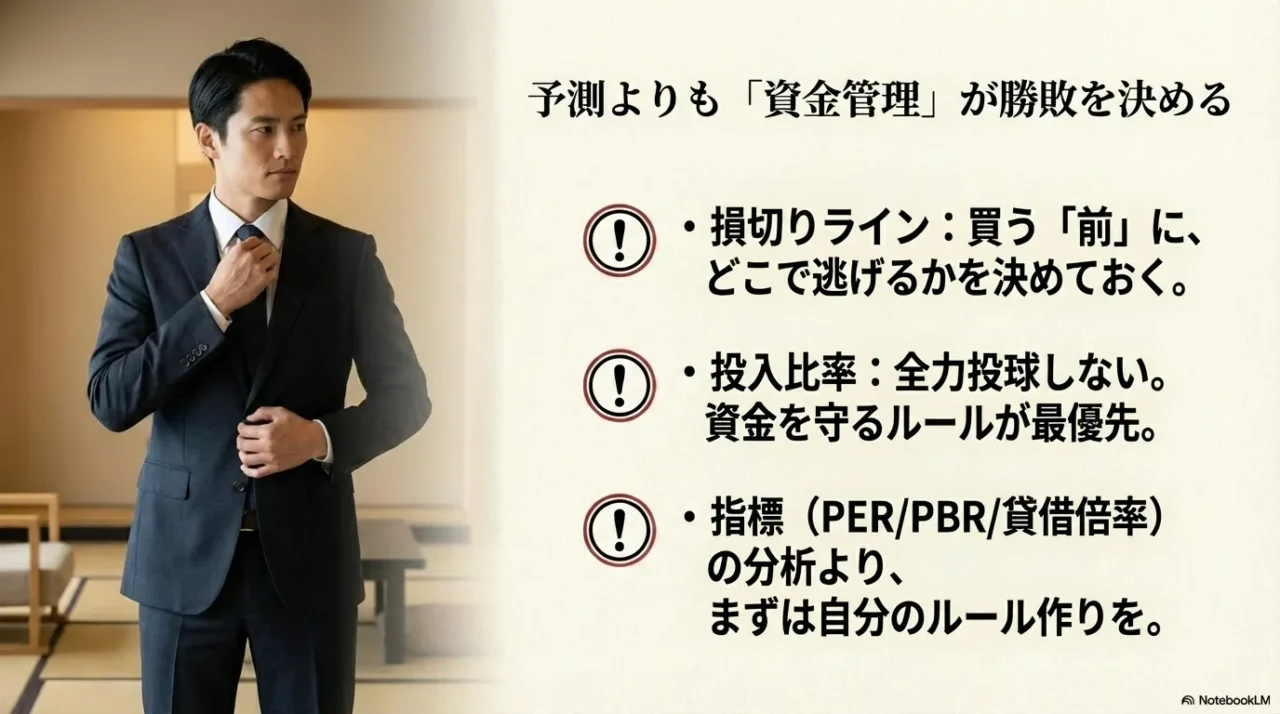 損切りライン・投入比率・指標分析よりルール作り優先、という資金管理の要点をまとめたスライド