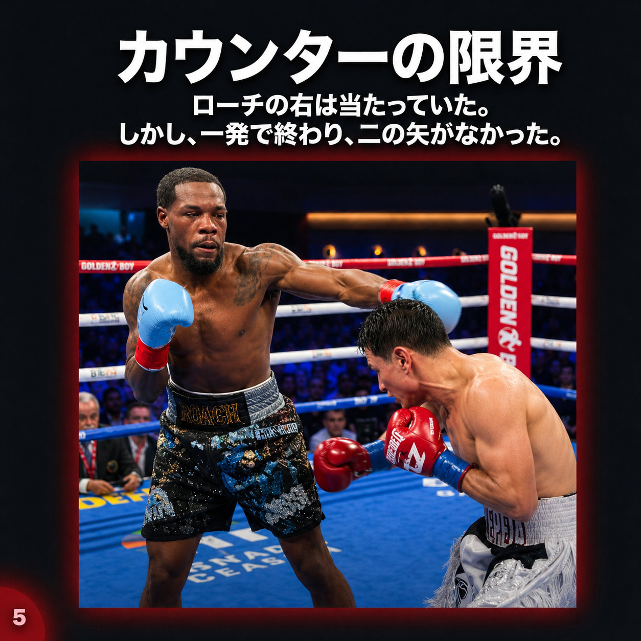 ラモンド・ローチが右ストレートを伸ばし、頭を振って避けようとするセペダの顔面付近に届く瞬間。上部に「カウンターの限界」の見出しと解説文が入る。