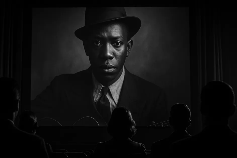映画館のスクリーンに映し出されたロバート・ジョンソンと思しき黒人男性のモノクロポートレートを観客が鑑賞している様子。帽子をかぶり、真剣な表情を浮かべている。