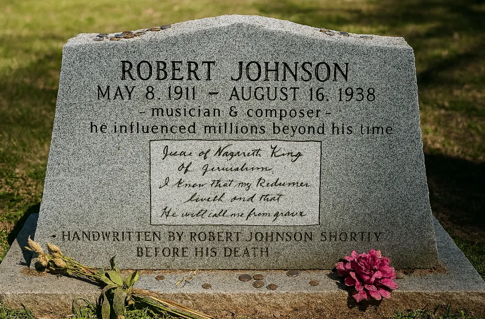 「ROBERT JOHNSON」と刻まれた灰色の墓石。命日「1938年8月16日」と「millions beyond his time(時代を超えて影響を与えた)」の文字があり、手書きの聖書の引用文と花やコインが供えられている。