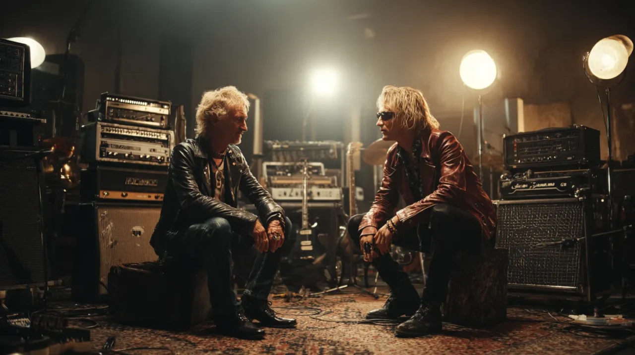 音楽スタジオで向かい合って座る二人のロックミュージシャンが、アンプや機材に囲まれながら会話を交わしている様子。