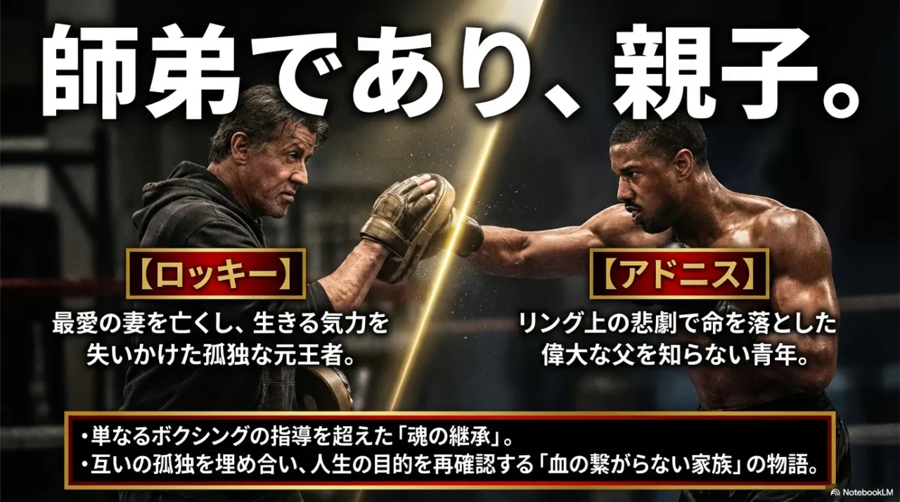 ロッキーとアドニスが向かい合い、「師弟であり、親子。」という大きな文字で二人の関係性を示した画像