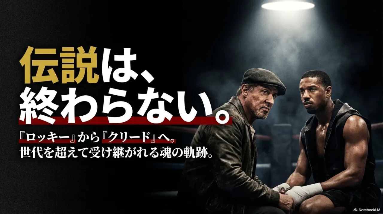 ロッキーとアドニスが並び、「伝説は、終わらない。」のコピーとともに『ロッキー』から『クリード』への継承を表現した導入画像