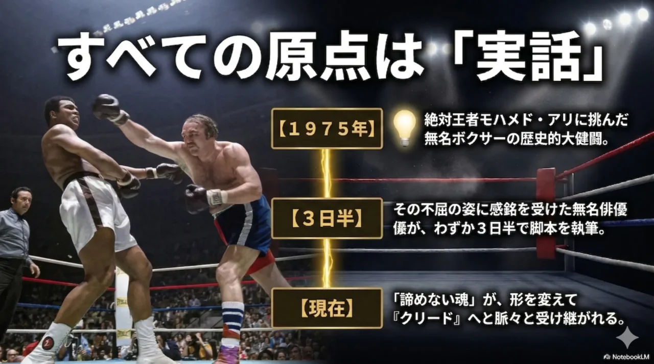 モハメド・アリの試合写真と年表風レイアウトで、『ロッキー』から『クリード』へ続く実話ベースの原点を示した画像