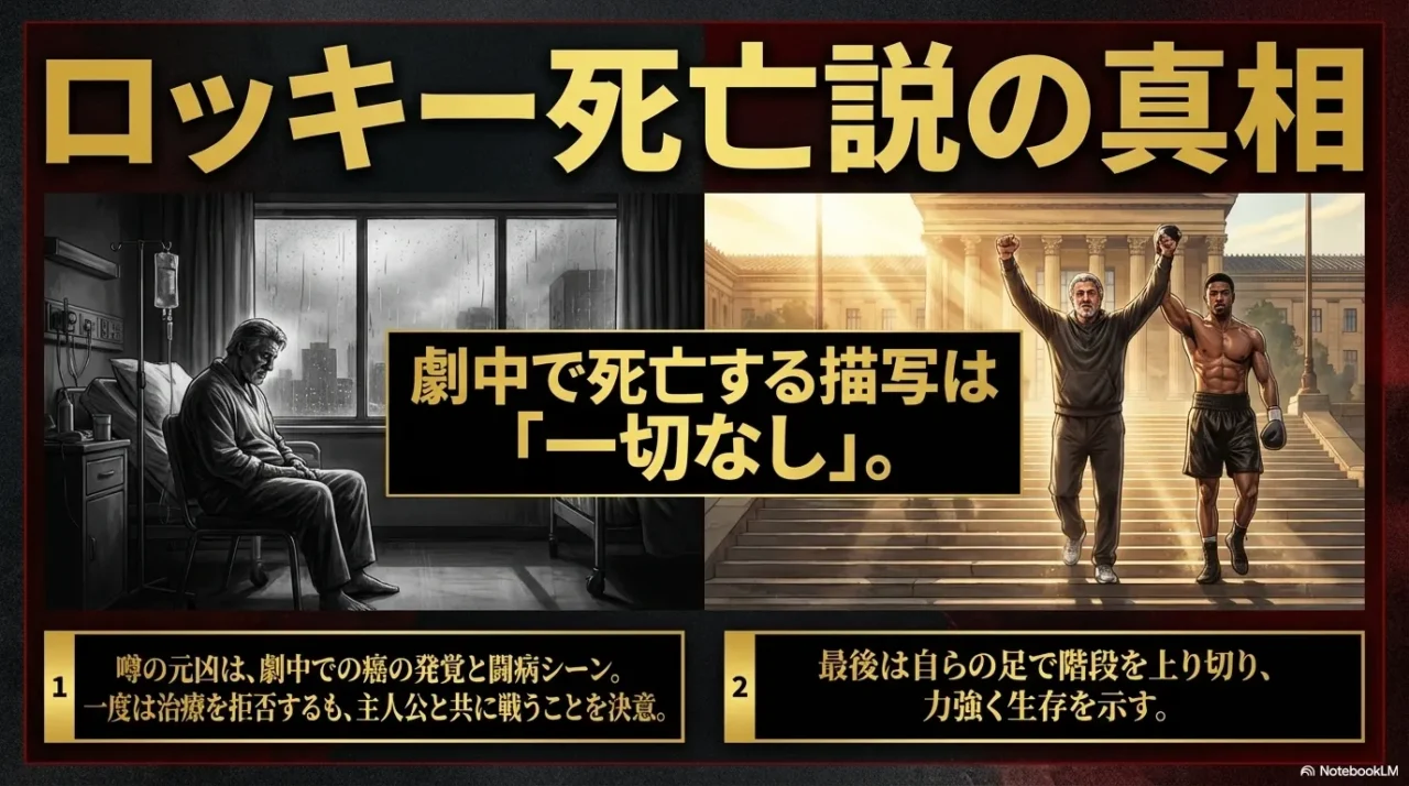 病室のロッキーと階段を上るロッキーとアドニスを対比し、「ロッキー死亡説の真相」を解説した画像