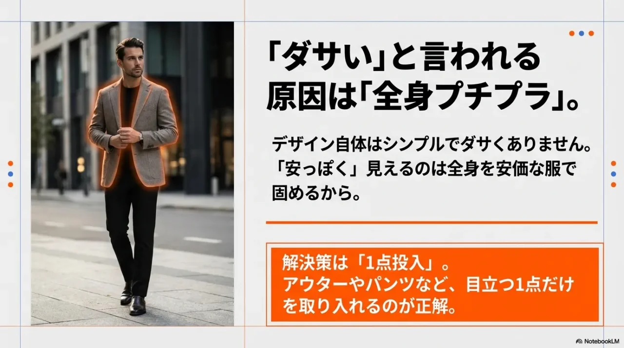 全身を安価な服で固めると安っぽく見えやすいという注意点