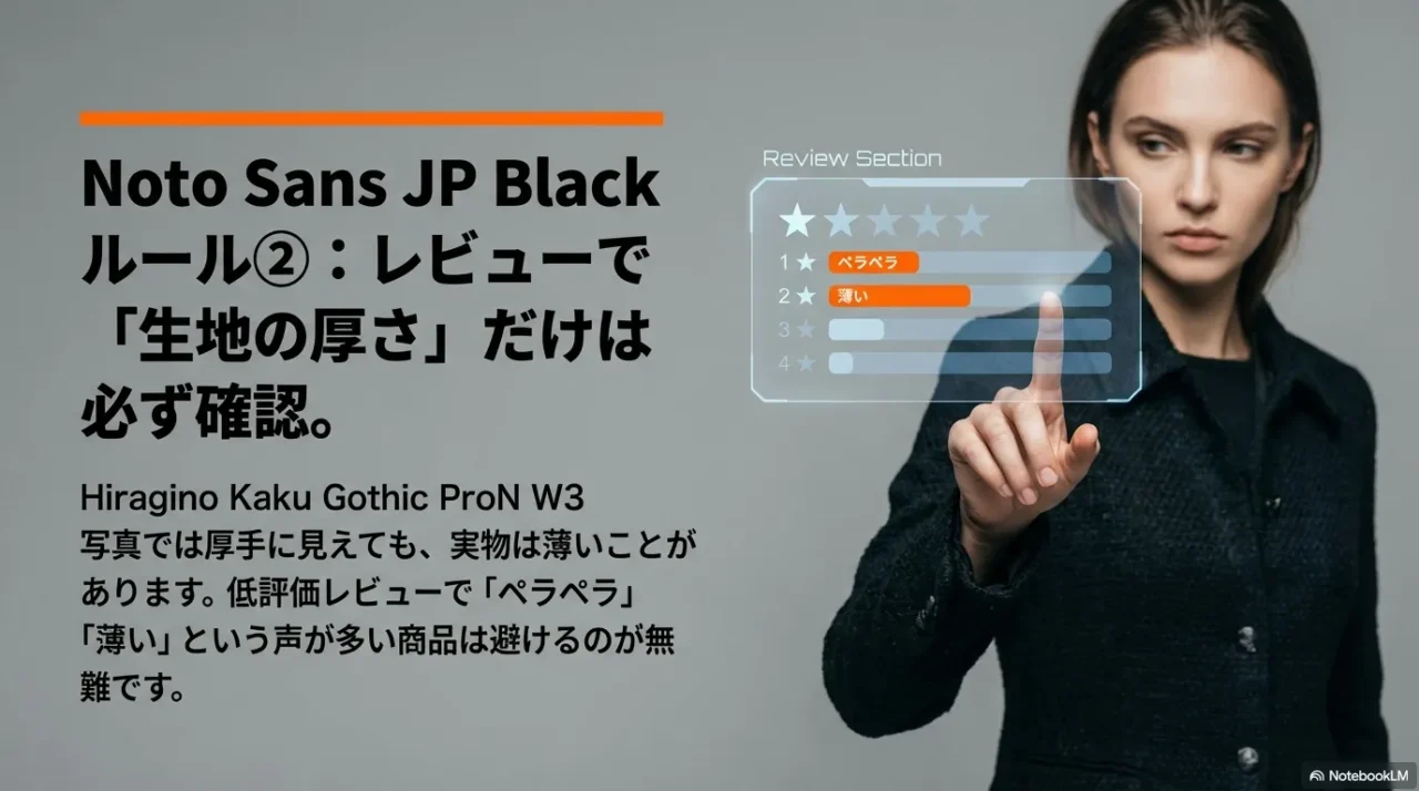 写真と実物の差を防ぐため低評価レビューで生地の厚さを確認するルール