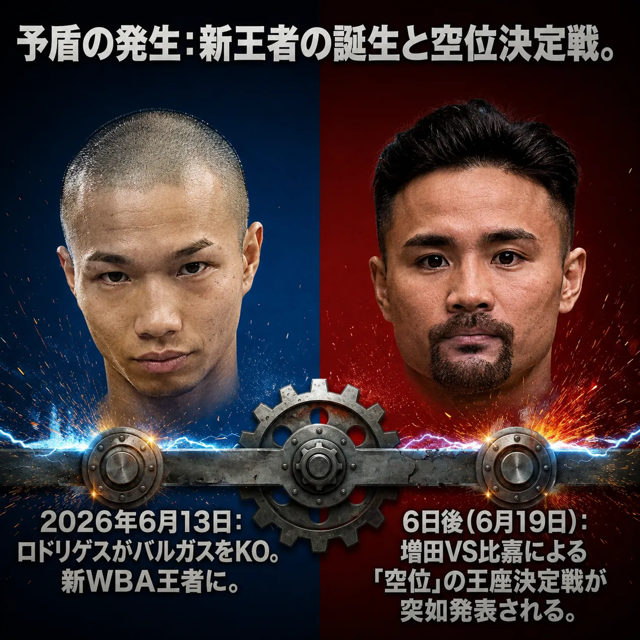 ボクシング対戦告知画像。左に青背景の坊主頭の選手、右に赤背景の髭の選手、中央に歯車。2026年6月13日ロドリゲスがバルガスをKOし新WBA王者に、6日後の6月19日に増田VS比嘉の空位王座決定戦が発表されることを示す。