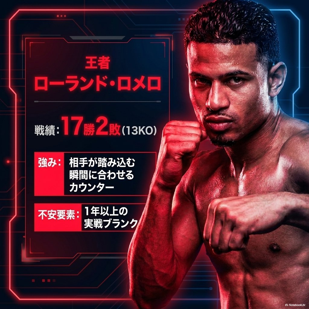 王者ローランド・ロメロの紹介図。戦績17勝2敗13KOと表示され、強みとして相手が踏み込む瞬間に合わせるカウンター、不安要素として1年以上の実戦ブランクが挙げられている。