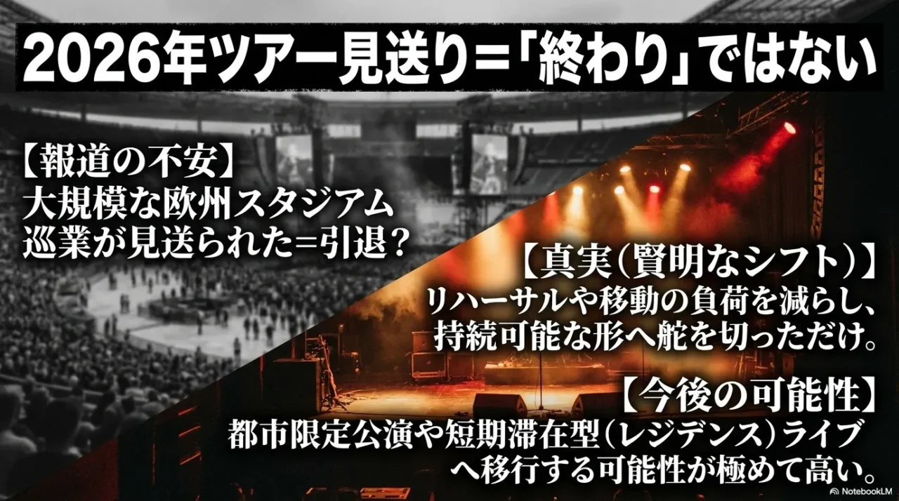 2026年ツアー見送り報道と今後のライブの可能性を整理したイメージ