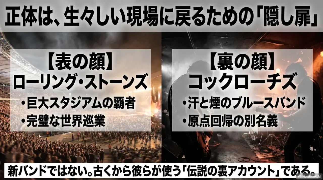 ローリング・ストーンズの表の顔とコックローチズの裏の顔を対比したイメージ