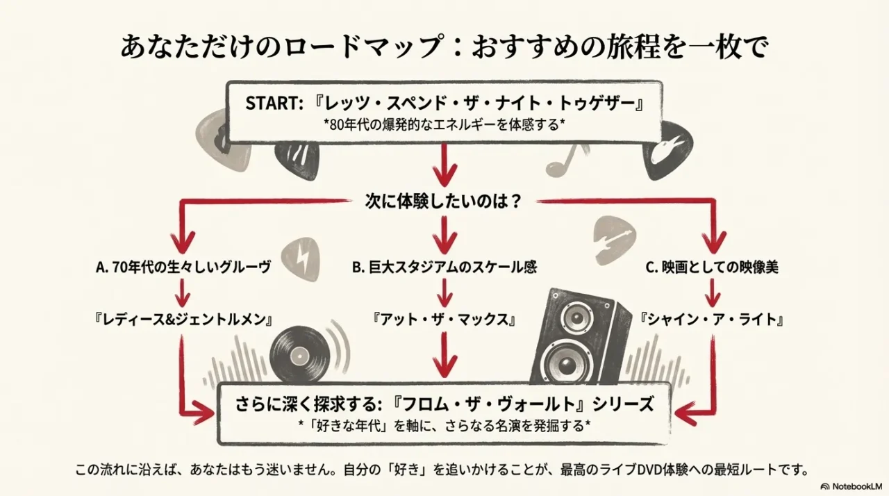『レッツ・スペンド・ザ・ナイト・トゥゲザー』から始まり、70年代グルーヴ、巨大スタジアム、映画的作品へと分岐する視聴ルートの提案図。