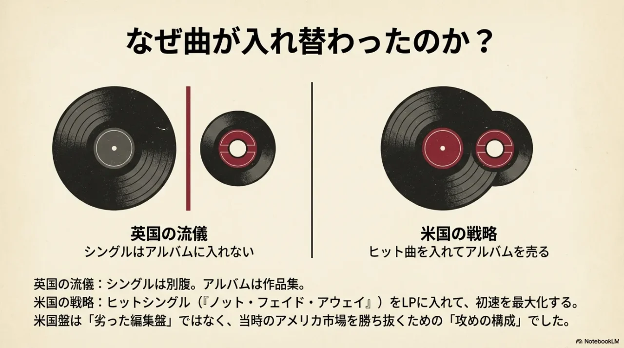 英国はシングルをアルバムに入れない慣習、米国はヒット曲を入れて売る戦略という差し替え理由