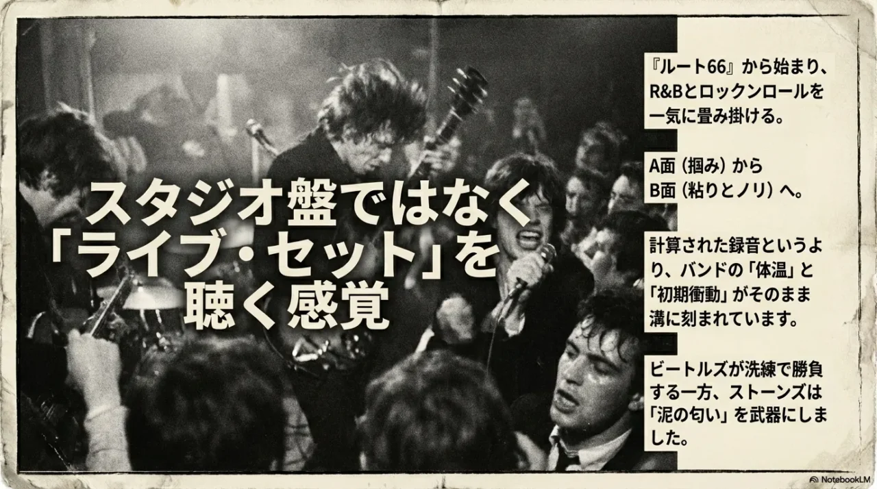 スタジオ盤というよりライブセット感覚で聴けるという要点。Route 66からの流れとA面B面の設計を強調