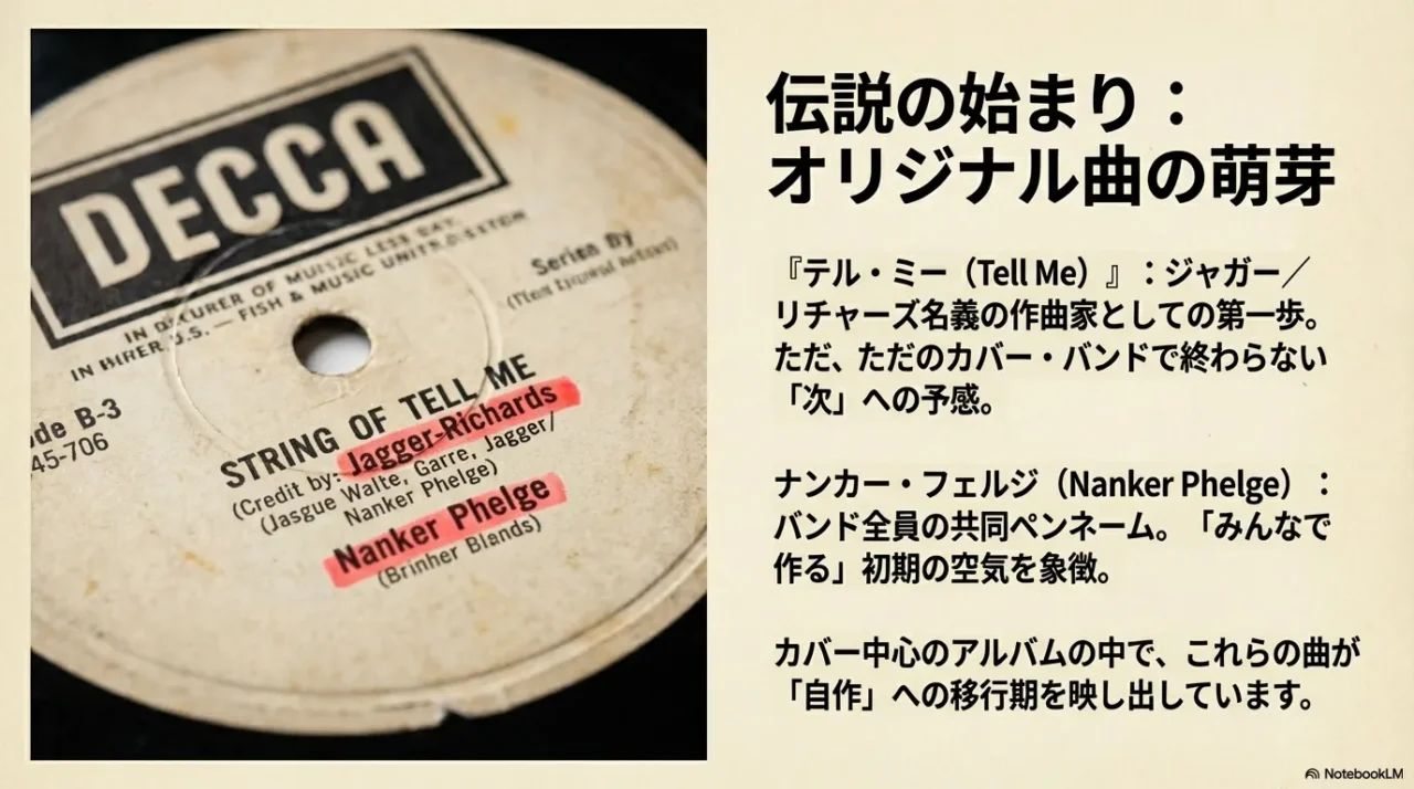 Tell MeはJagger/Richardsの出発点。Nanker Phelgeは共同名義で、初期ストーンズの自作への芽を示す