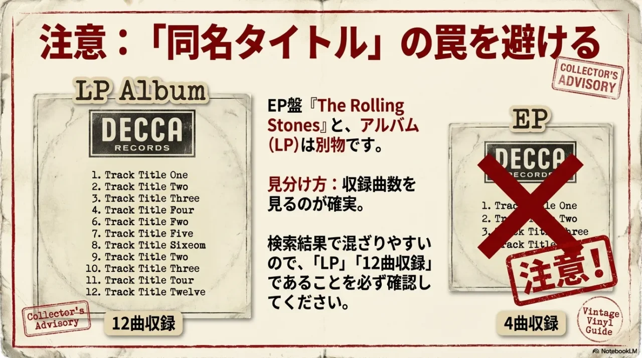 同名タイトルの罠に注意。LPは12曲、EPは4曲など曲数で見分けるポイントを図解