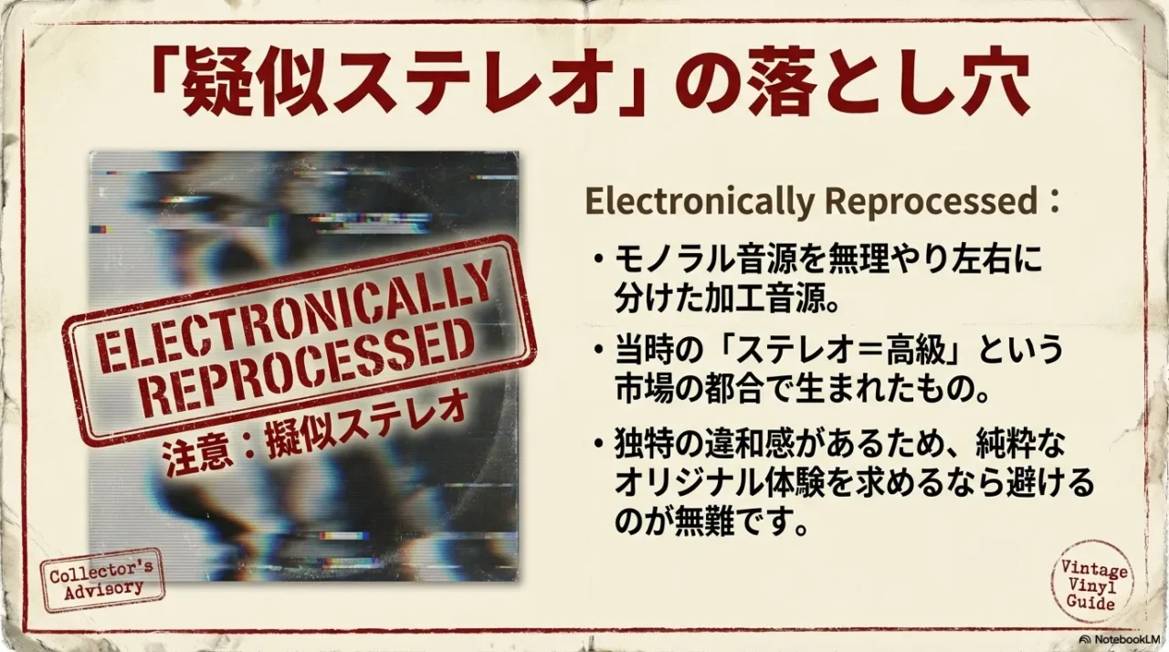 疑似ステレオの注意点。Electronically Reprocessedの意味と、オリジナル体験を求める場合に避けたい理由