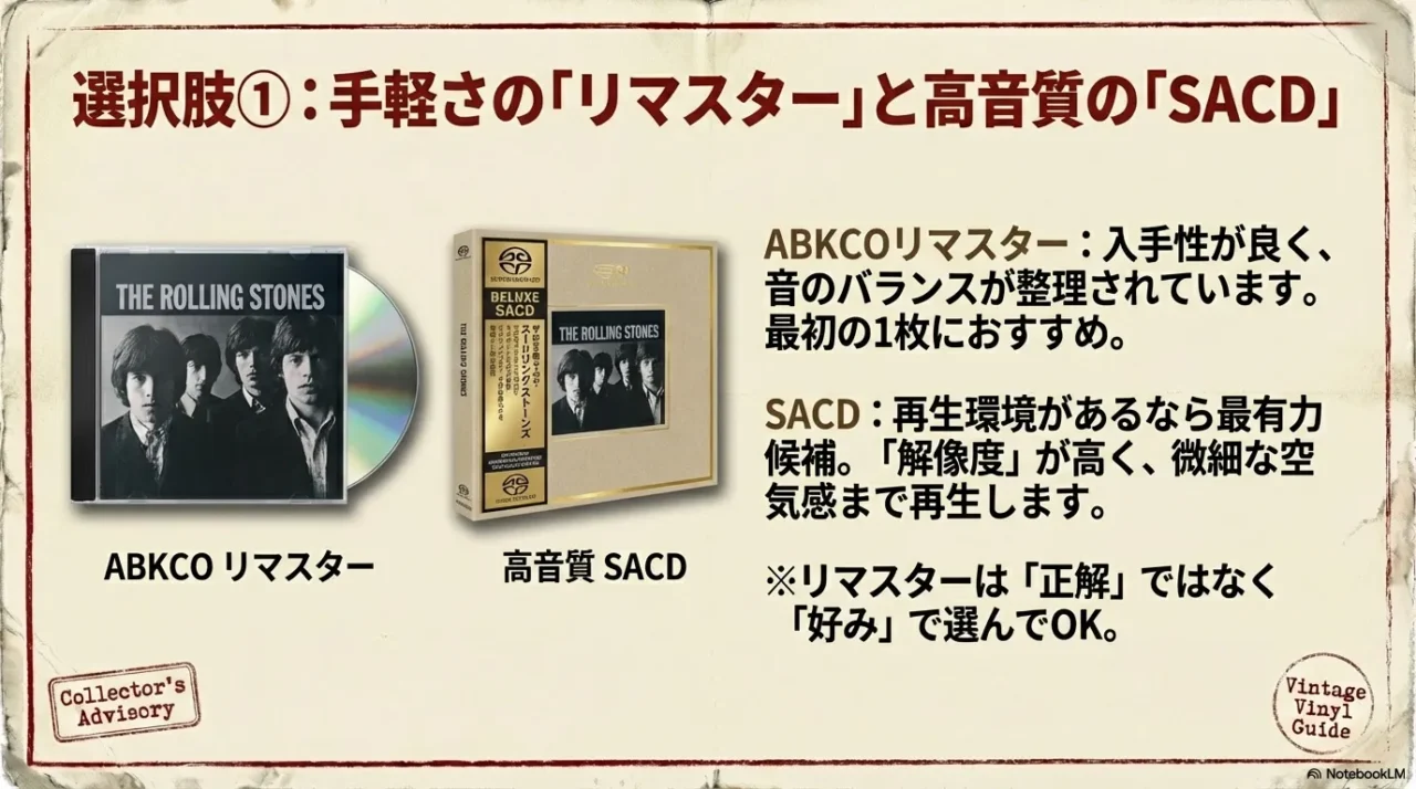 ABKCOリマスターは入手性とバランス、SACDは環境があれば高解像度という選び方の整理図