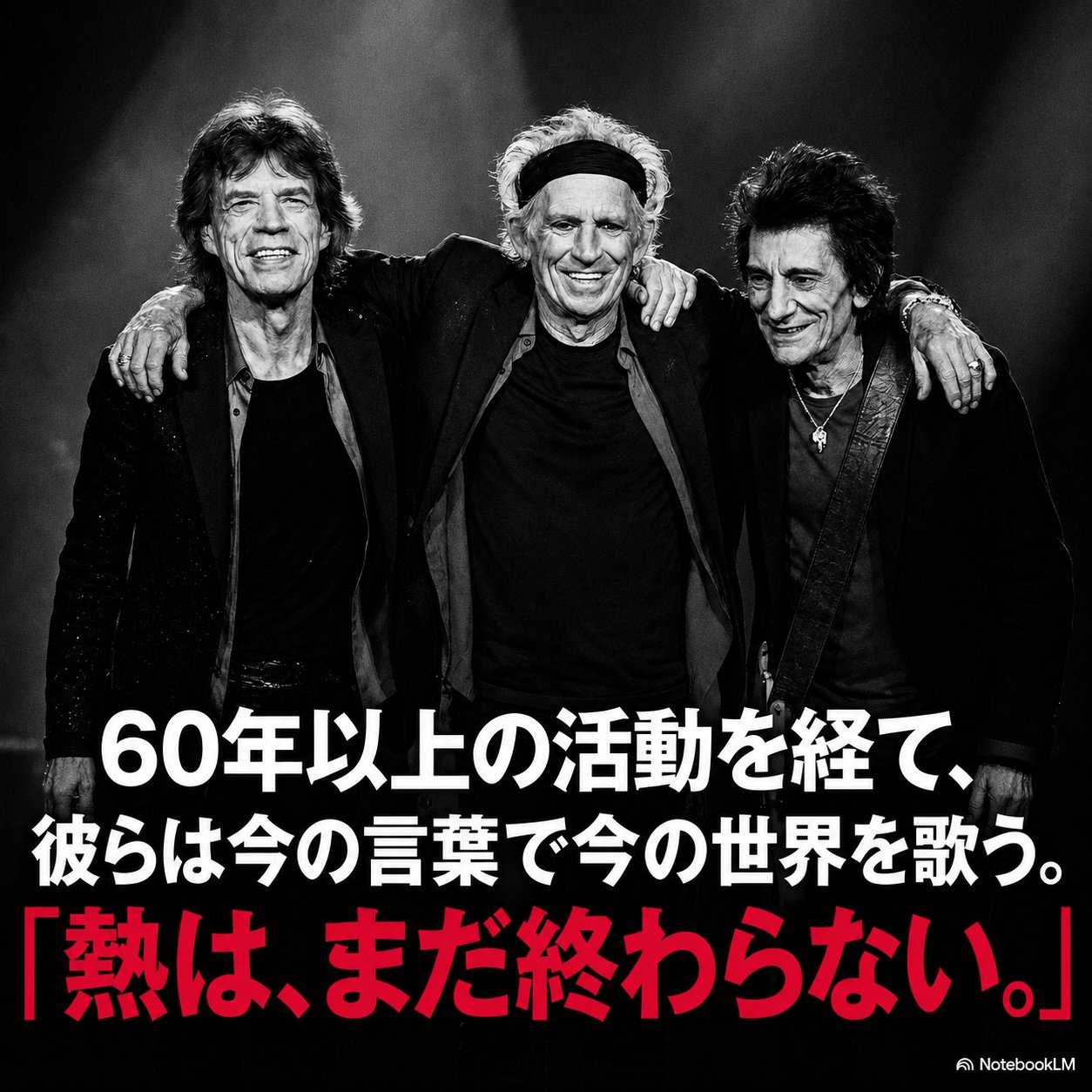 肩を組んで笑うミック・キース・ロニーの白黒写真に、「60年以上の活動を経て今の言葉で今の世界を歌う」「熱は、まだ終わらない。」という締めの言葉を重ねた画像。