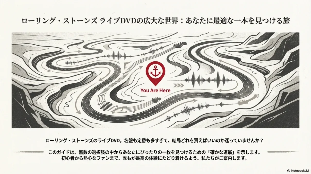ローリング・ストーンズのライブDVD選び方ガイドの表紙。ミック・ジャガーとキース・リチャーズのシルエットと「あなたに最適な一本を見つける旅」というキャッチコピー、赤い舌のロゴマーク。