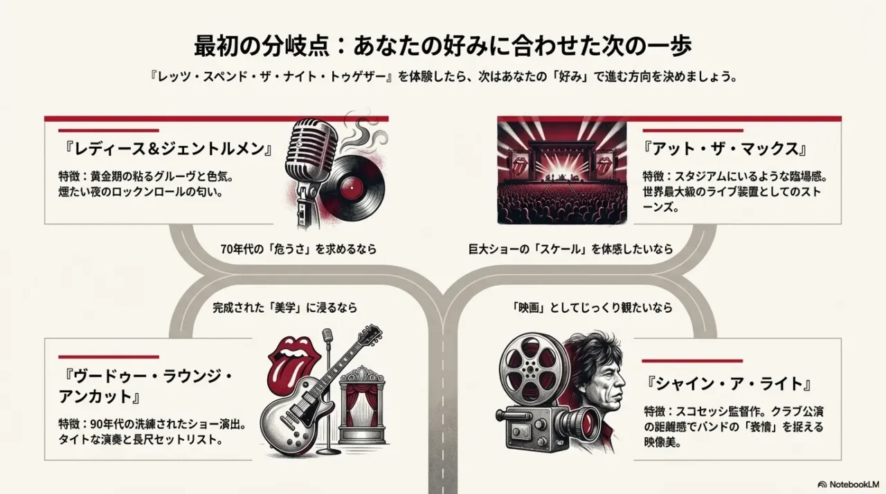 ユーザーの好みに応じたローリング・ストーンズ映像作品の分岐チャート。『レディース＆ジェントルメン』（70年代）、『アット・ザ・マックス』（巨大スケール）、『ヴードゥー・ラウンジ』（90年代演出）、『シャイン・ア・ライト』（映画的）。