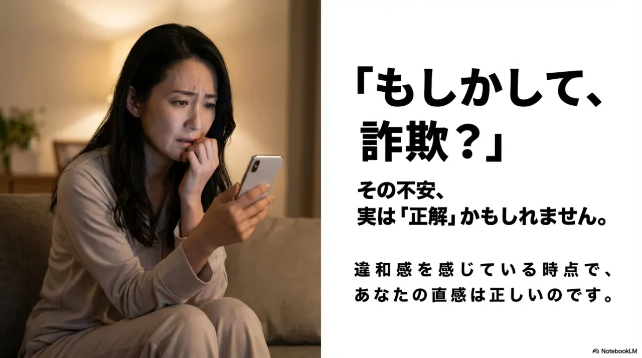 スマホを見つめる女性と「その不安、実は正解かもしれません」というメッセージ